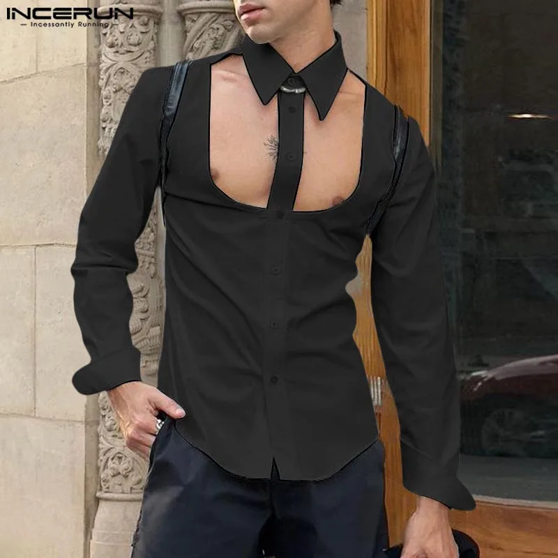 INCERUN Men Shirt Solid Lapel Long Sleeve Hollow Out Button Casual Men Clothing Streetwear 2024 Personality Sexy Fashion Camisas