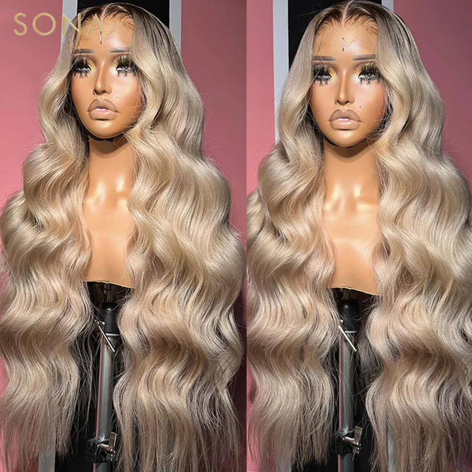 13x6 Ombre Ash Blonde With Root Colored HD Transparent Lace Front Wigs For Women Human Hair Body Wave Lace Frontal WIg