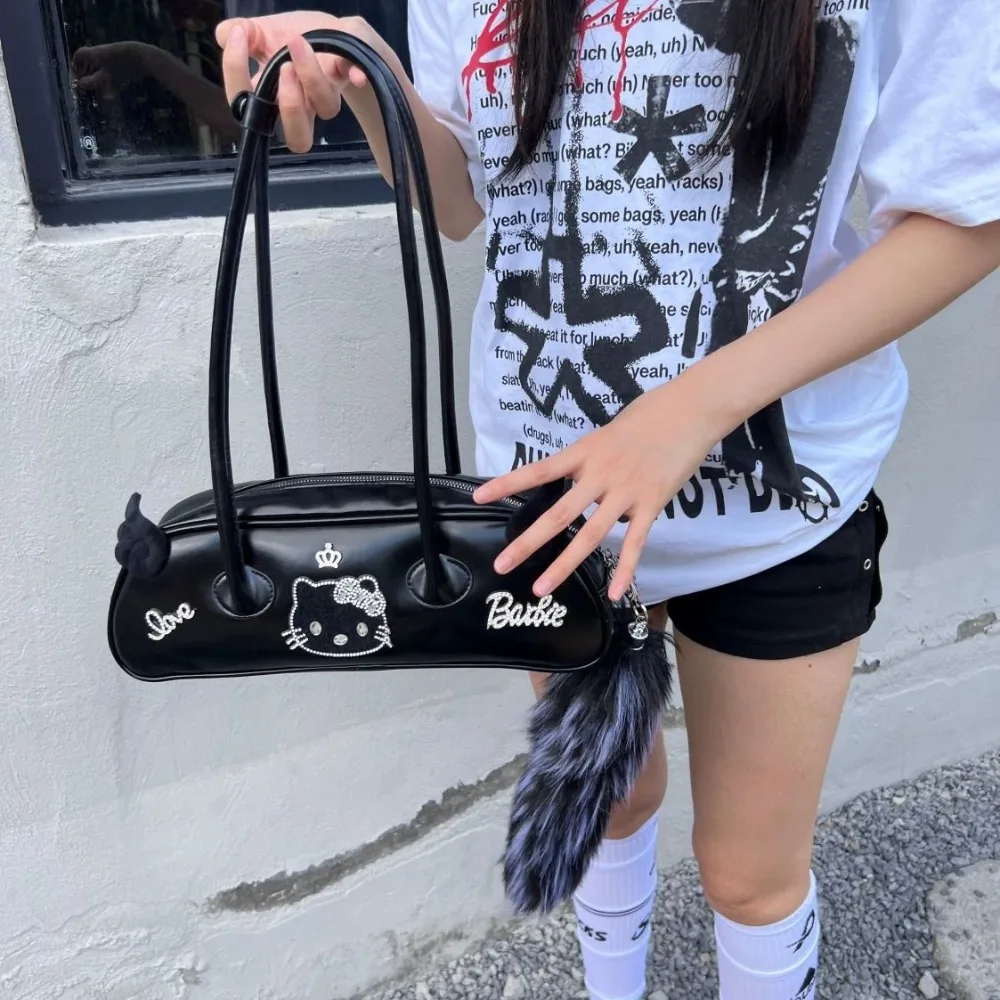 New Hello Kitty Handbag Mini Zipper PU Shoulder Bag Retro Embroidered Diamond Black Large Capacity Versatile Underarm Bag