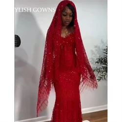 Red Sexy Prom Gowns With Veil 2026 African Crystals Mermaid Beaded Tassel Party Dresses For Women robes de soiré Customized