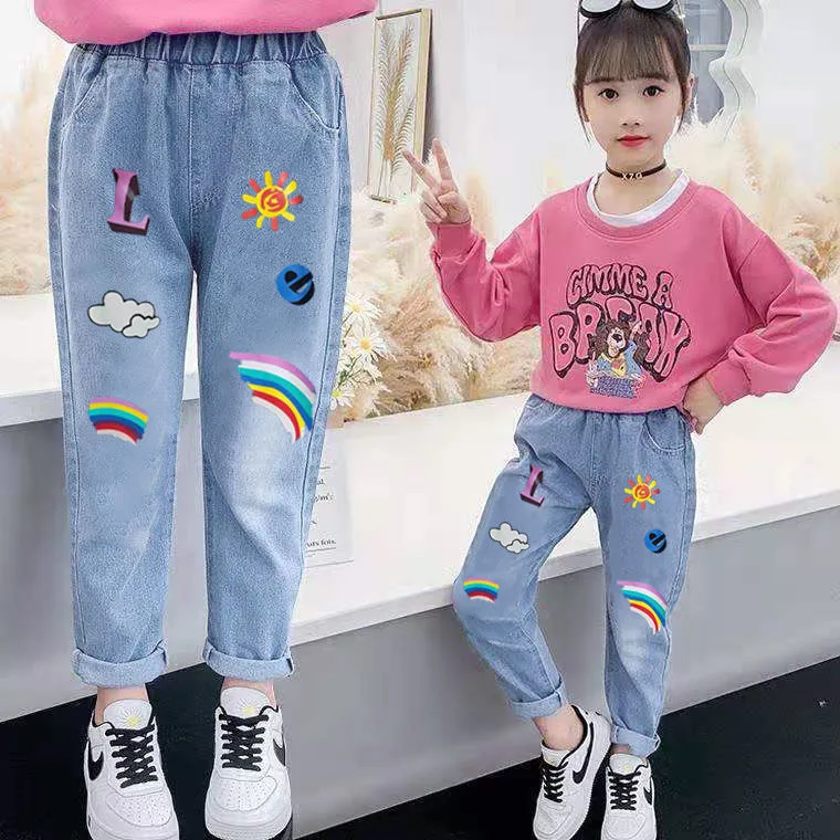 Cartoon Bear Girls Jeans Spring Autumn Children\'s Wear Girls\' Denim Trousers Teenage Kids Casual Loose Pants 4 6 8 10 12 Years