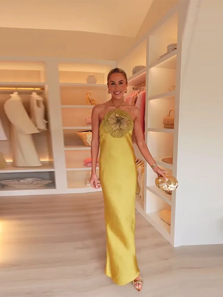 Elegancka Sukienka Wieczorowa Damska Kwiaty 3D Halter Bez Rękawów Bez Pleców Syreni Krój Satynowa Sukienka Damska Lato 2025 Szykowna Suknia Wieczorowa