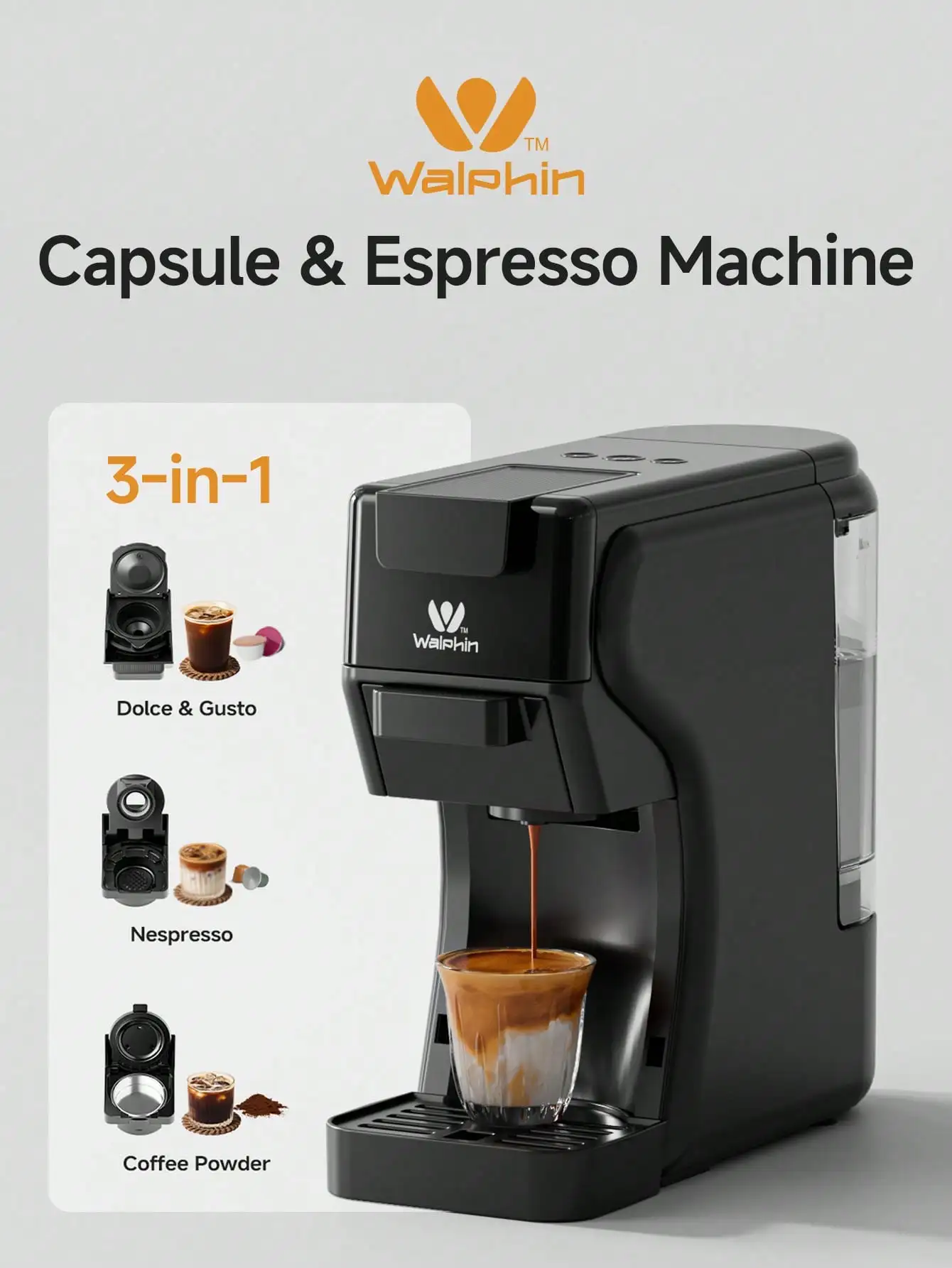 Walphin Coffee Machine 3 in 1 Capsule Coffee Machine Semi-Automatic Espresso Machine 0.6L Removable Water Tank