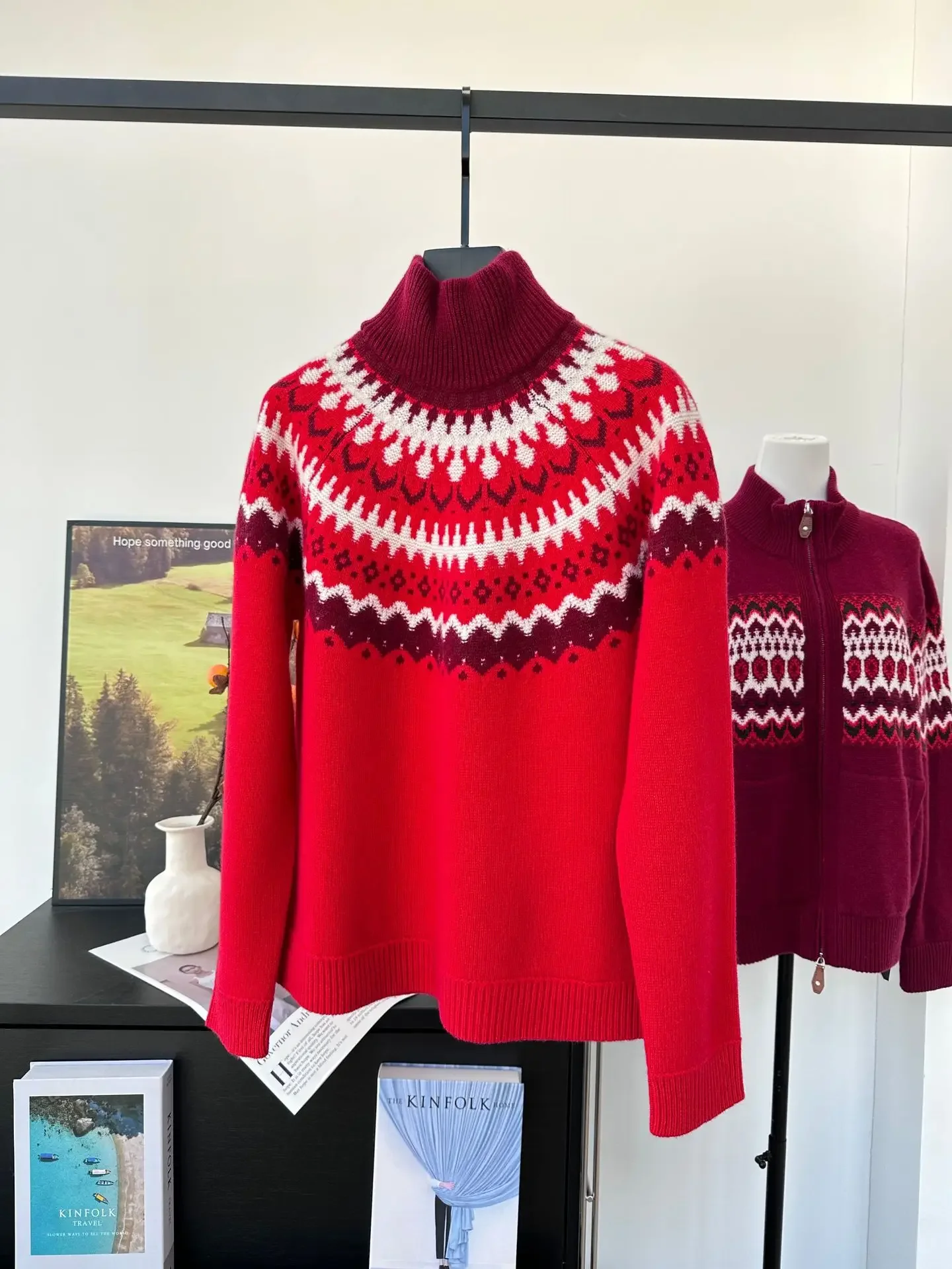 

Jacquard Women's Red Cashmere Sweater Early Spring Turtleneck Long Sleeve Vintage Ladies Knitted Pullover