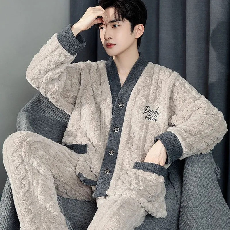 

Men's Pajamas Autumn and Winter Jacquard Fleece Thickened and Fleece Loose Warm Cardigan Can Be Worn Outside Flannel Home Wear