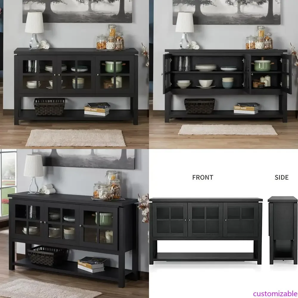 

Wooden Farmhouse Style Sideboard Buffet with Glass Doors and Storage, Kitchen Coffee Bar Console