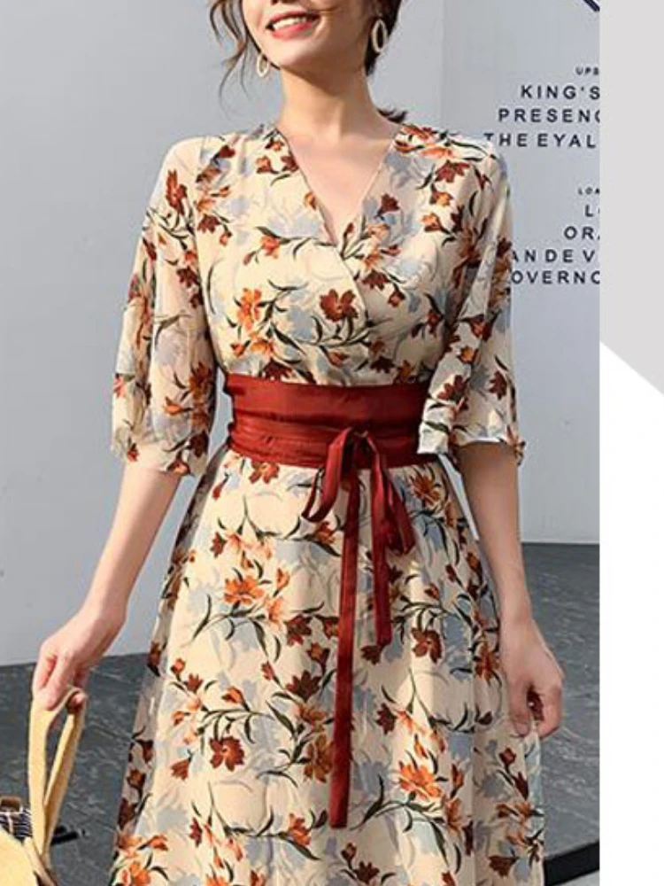 Japanese beautiful dress Hot Sales Women Fashion Summer Cute Bow Tie Holiday Temperment Lady Floral Printed Vintage Dress 2612