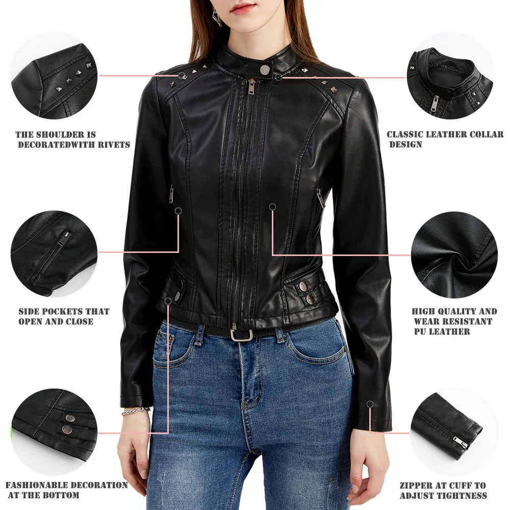 Women's Rivet PU zipper Leather Coat, Black Motorcycle Jacket, Standing Collar, Korean Punk Rock Fashion, Autumn and Winter