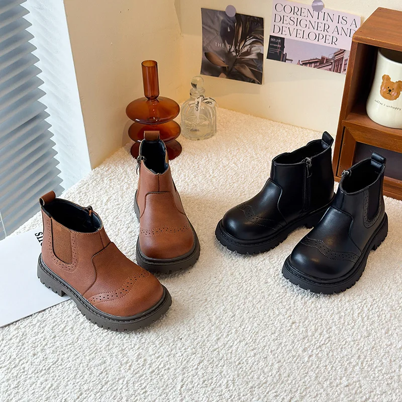 Kids'Boots PU Leather Winter Fashion Outdoor Thick Bottom Shoes For Children Warm Anti-slip Black Brown Shoes Size 21-30