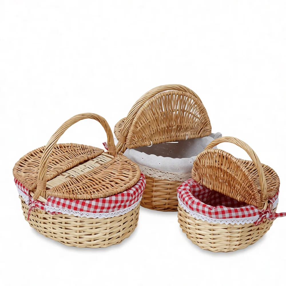 Handwoven Willow Picnic Basket Storage Container Decorative Round Portable Flower Organizer Natural Home Wedding Gift Craft Case
