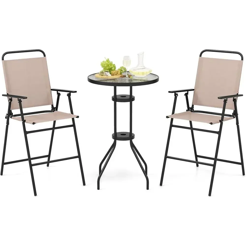 Outdoor Bistro Set: 3-Piece Patio Bar Table with 2 Folding Chairs, Round Glass Top, Umbrella Hole, Easy Assembly, Suitable for Y