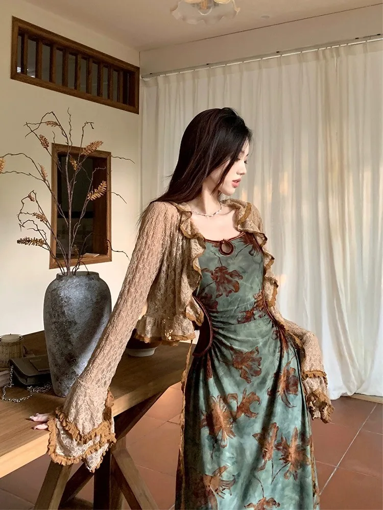 

Lightweight Lace Sun Protection Cardigan Women's Summer Short Sleeve V-Neck Dress Outerwear with Strap Dress Korean Style