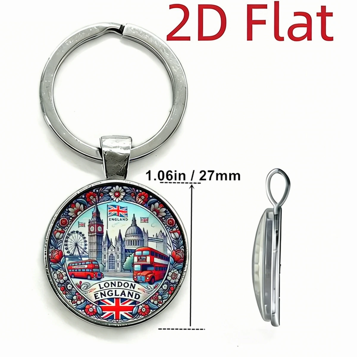 1PC London Retro British Style Keychain, 2D Flat Glass Dome UK Travel Souvenir Double Decker Bus Big Ben Design Gift for Friends