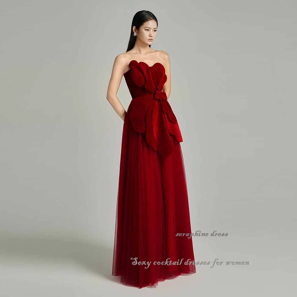 

Strapless Customized Velvet-tulle Evening Dresses For Women 3d Flowers فساتين سهرة A-Line Prom Dress Draped Formal