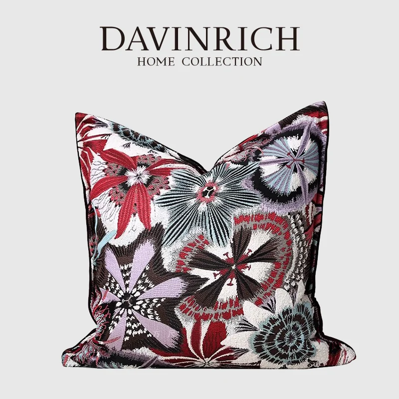 DAVINRICH Jungle Party Delicate Flowers Embroidery Throw Pillowcase Fuchsia Purple Decorative Cushion Cover For Living Room Sofa