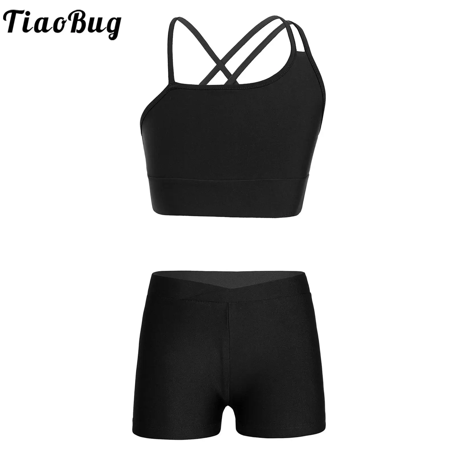 

2PCS Summer Kids Girls Dance Suits Asymmetrical Strappy Crop Top with V-front Waistband Shorts for Sports Gymnastic Workout Yoga