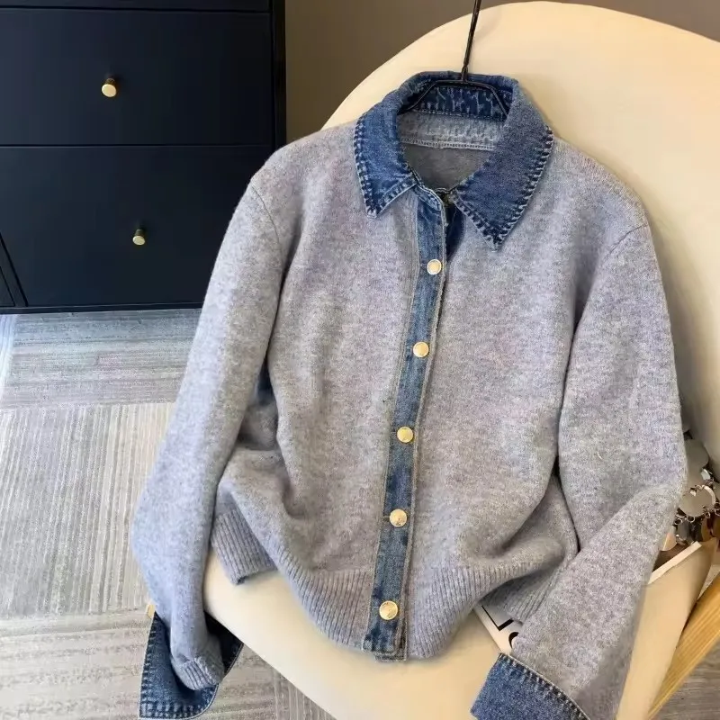 Coreano emenda denim camisa gola topos costura falso camisola de duas peças feminino outono cardigan versátil outwear feminino