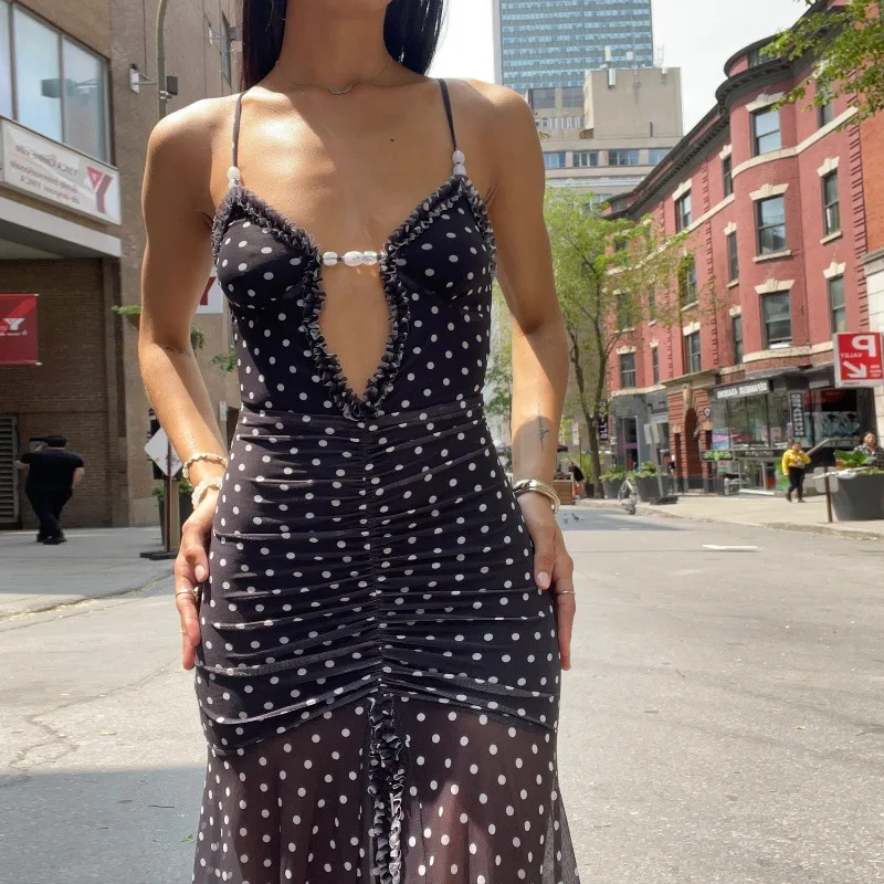 Cryptographic Summer Boho Polka Dot Split Ruched Dress Holiday Outfits for Women Sexy V Neck Backless Slip Mesh Dresses Clothes
