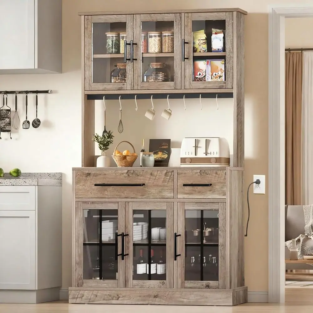 71 Inch Tall Glass Door Kitchen Pantry Cabinet with Charging Station, Microwave Stand, Hooks, and Shelves in Grey for Home Dinin