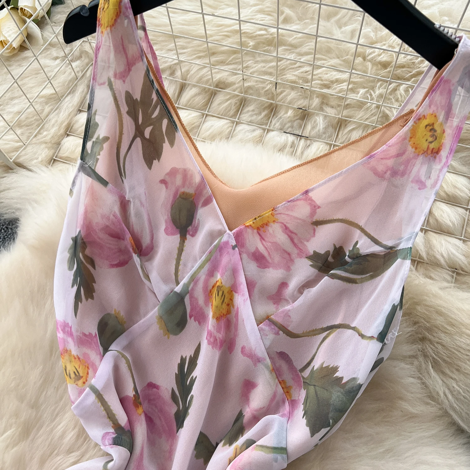 Chic stampa vintage con volant scollo a V senza maniche Elegante fata moda coreana Boho Sundress Beach abbigliamento donna