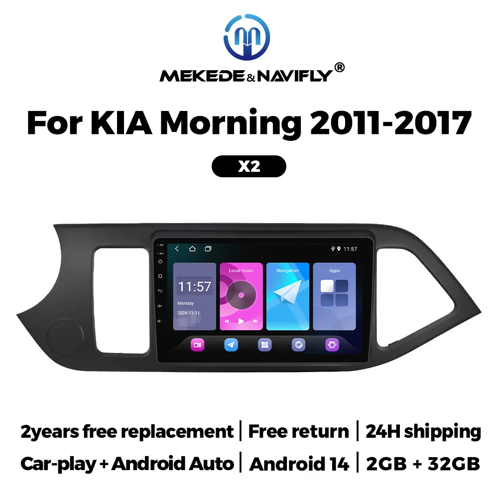 Navifly 2G 32G Android, Sistema de Audio para Auto Todo en Uno para KIA Morning 2 Picanto 2011-2016 2017, Navegación GPS, Carplay Inalámbrico, Auto BT