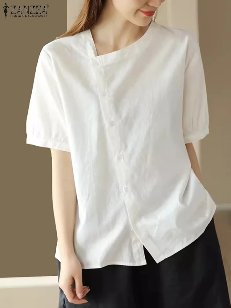 ZANZEA Women Summer Cotton Shirt 2024 Summer Lantern Short Sleeve Blouse Fashion Chic Button Solid Tunic Casual Loose Tops Femme