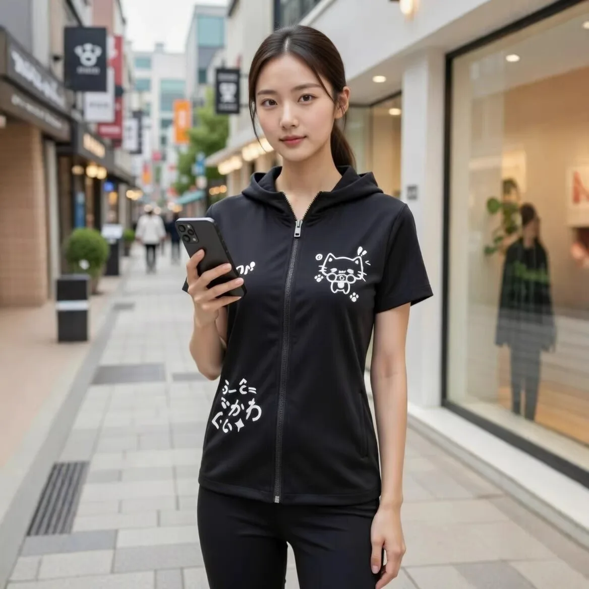 Summer Korean Cat Ear Print Zip-Up Hooded Crop Top Women's Slim Tee
