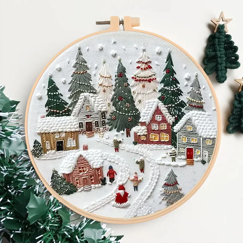 Christmas Embroidery Landscape Winter Kit With Hoop DIY Cross Stitch Snowman Sewing Kit For Beginner Adult