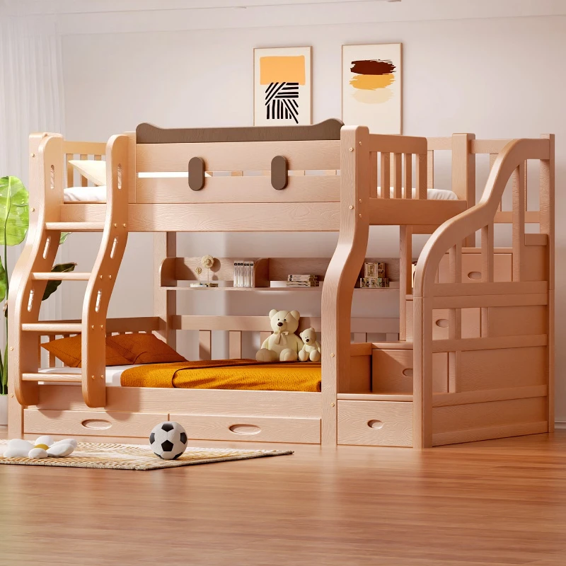 g*- Children's Bunk Bed Frame BedroomFurniture Cartoon Cat Style Kids Bed Anti Collision Design Solid Wood Bed Slat