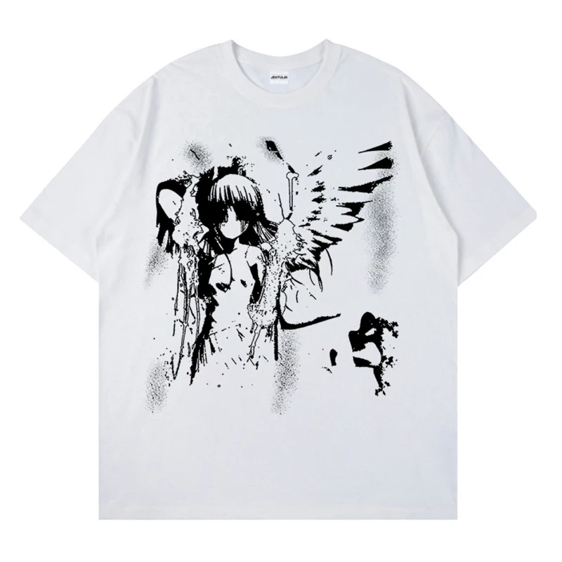 Retro Angel Print Short-sleeved Women T-shirt Summer  Harajuku Casual   Loose Cotton Oversize Women's T-shirts Female Clothing
