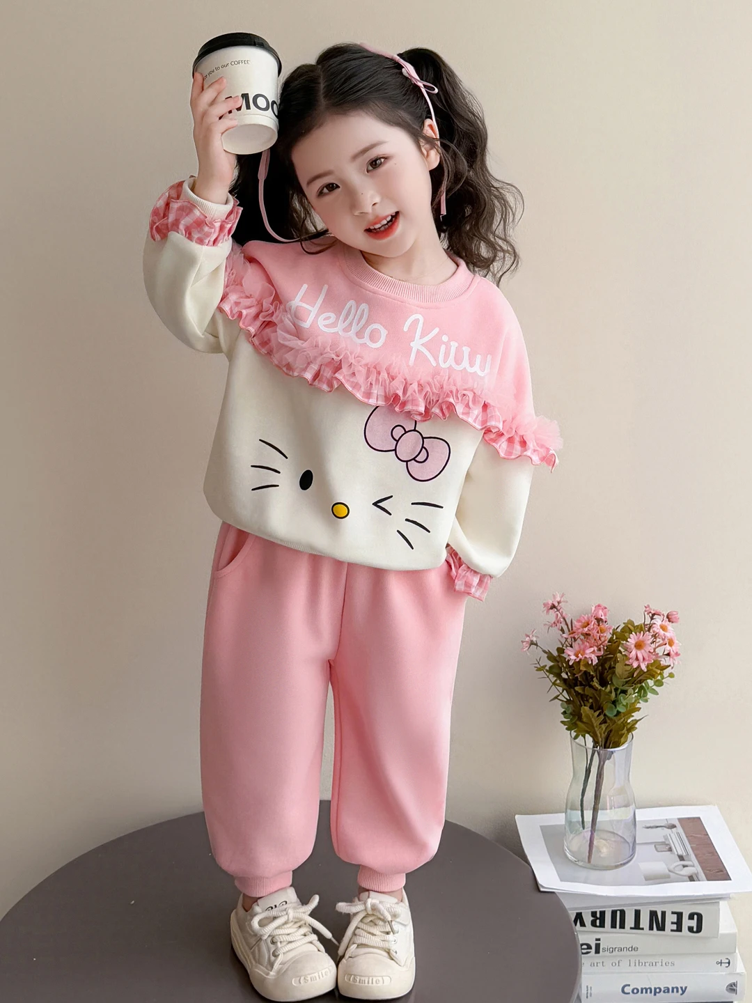 女の子春秋長袖フリルスウェットシャツツーピースセットカジュアルコットン衣装かわいい漫画プリント暖かく快適な子供服