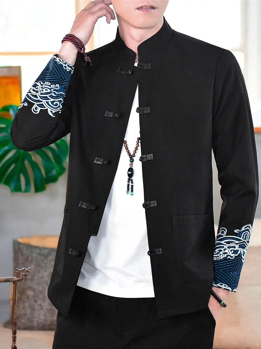 

Ele Embroidered Casual Jaet for Men Spring New Chinese Sle Stand Collar Button down T Coat Versatile Outerwear