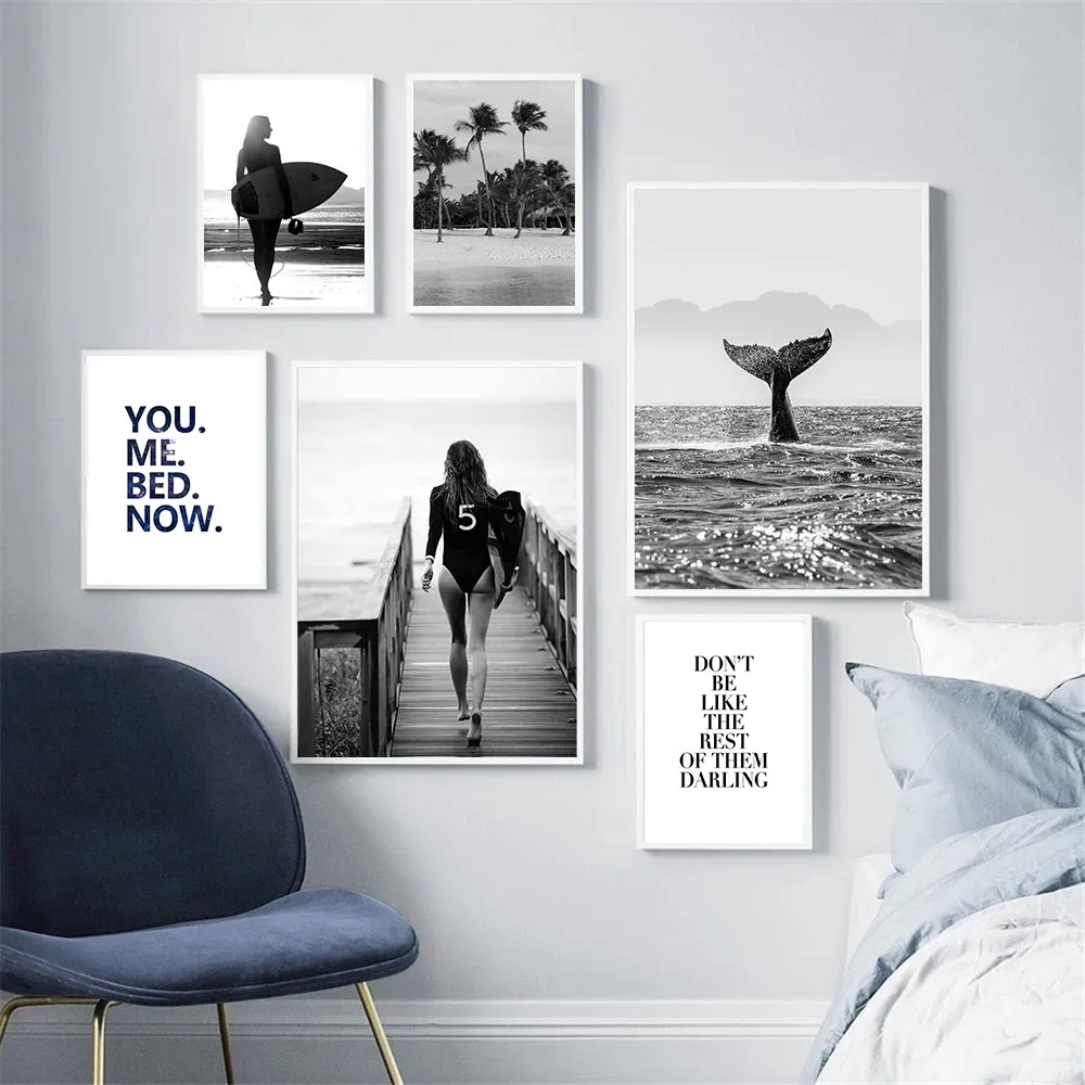 Póster de paisaje en blanco y negro, pintura de niña surfista, árbol de coco, ballena marina, impresión artística en lienzo, cuadro