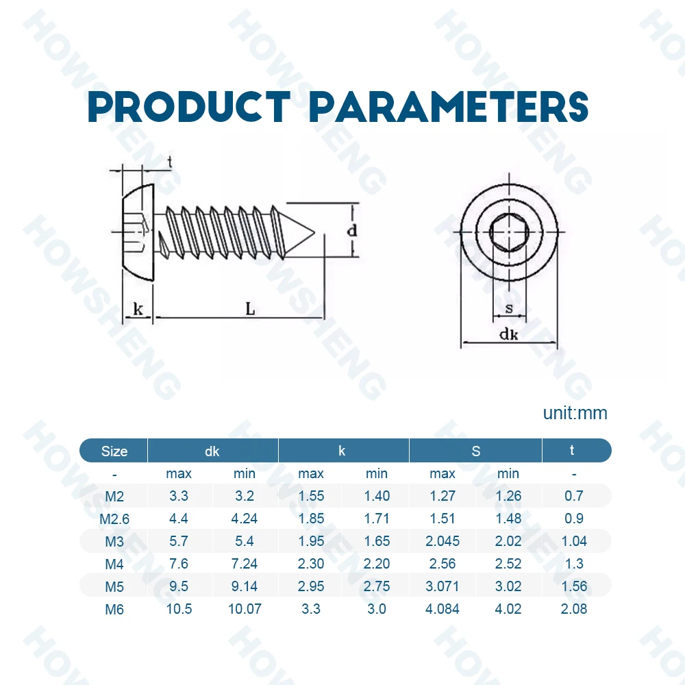 Housheng-ステンレス鋼六角ソケットボタンヘッド、セルフタッピングねじ、レンラウンドヘッドウッドスクリュー、m2、m2.6、m3、m4、m5、m6