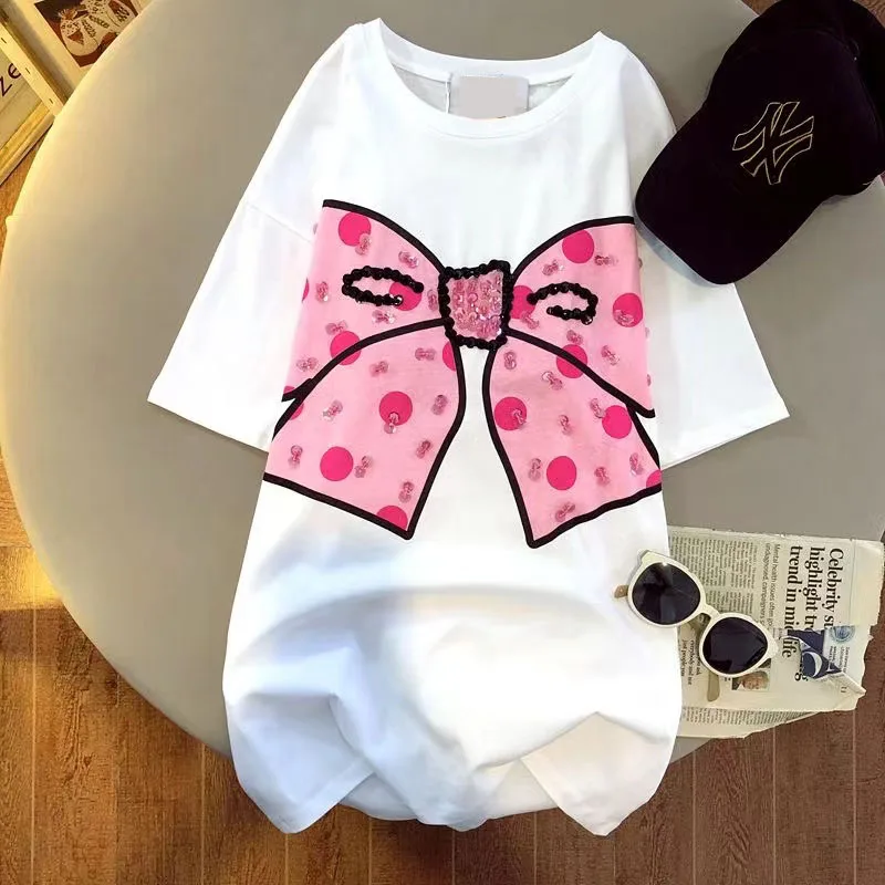 Beautiful Korean version Pink Bow Sequins short-sleeved T-shirt women\'s 2024 Summer High Street Casual Loose Round Neck T-shirt