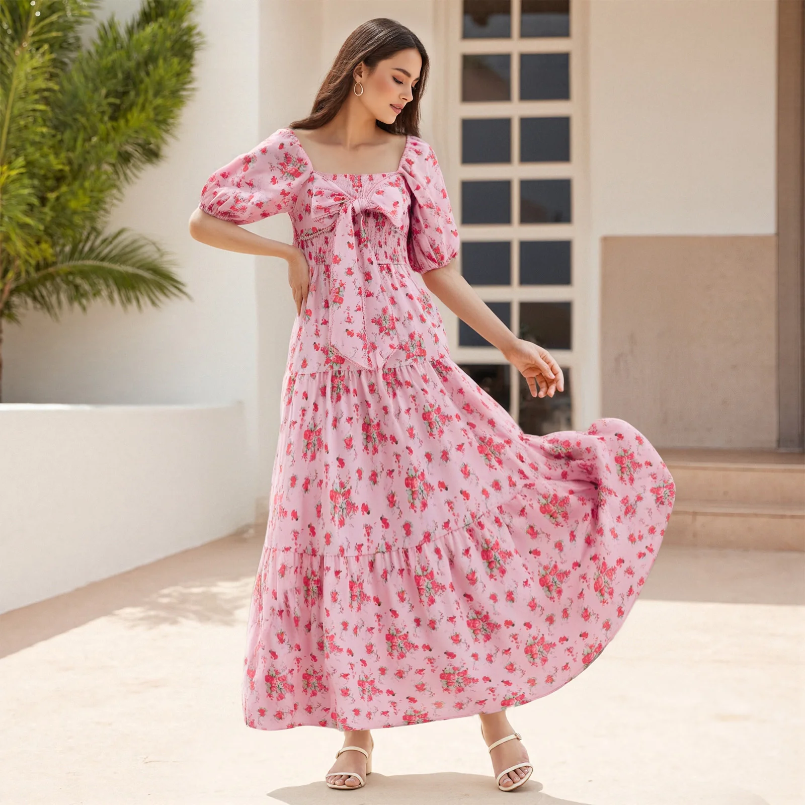 Abiti estivi da donna a maniche corte a trapezio Abito lungo da festa con fiocco grande con stampa floreale casual per cocktail