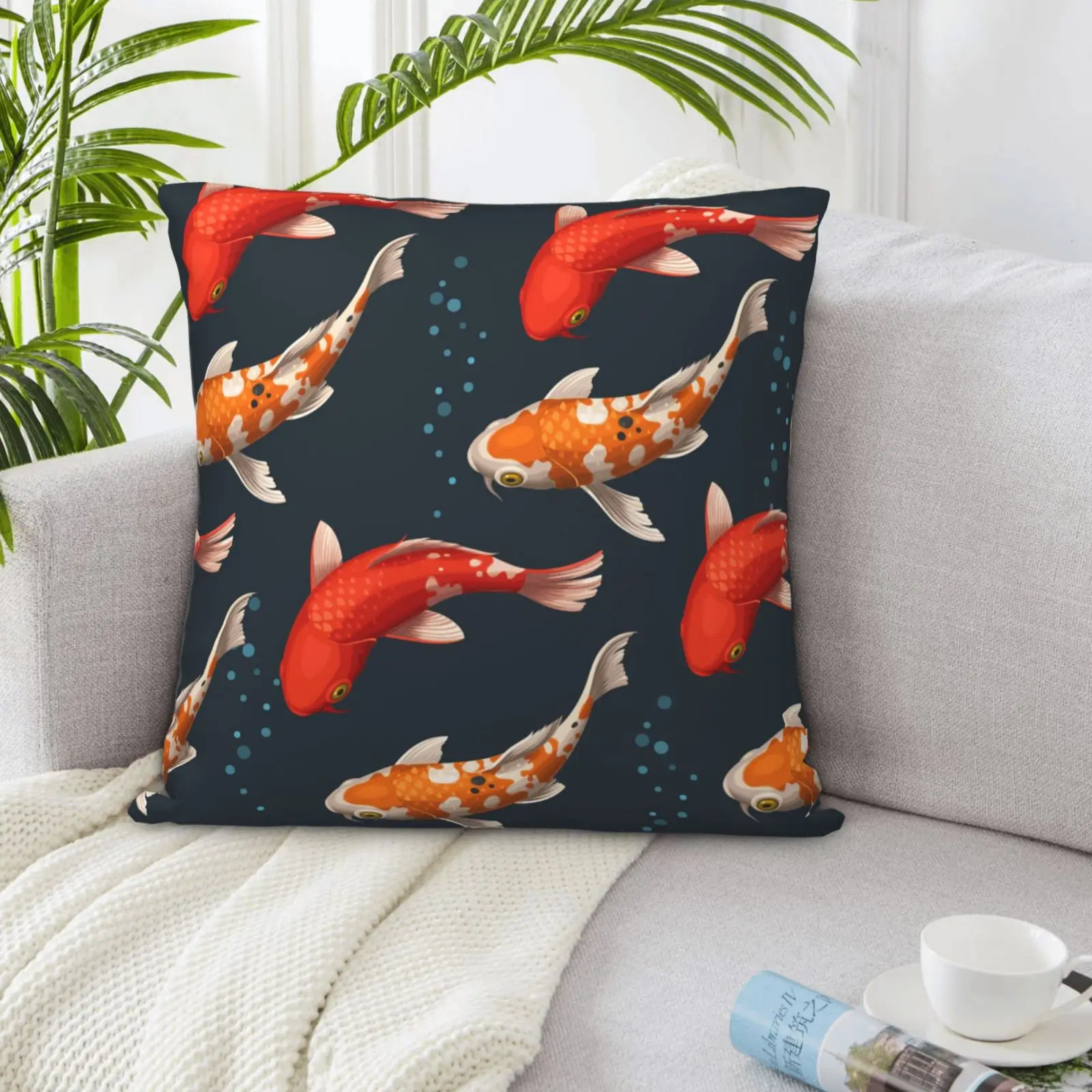 Koi Carp Throw Pillowcase Decorative Fish Pillow Cushions Cover Body for Sofa Couch Home Decor Two-sided Cloth Flannel Chair Car