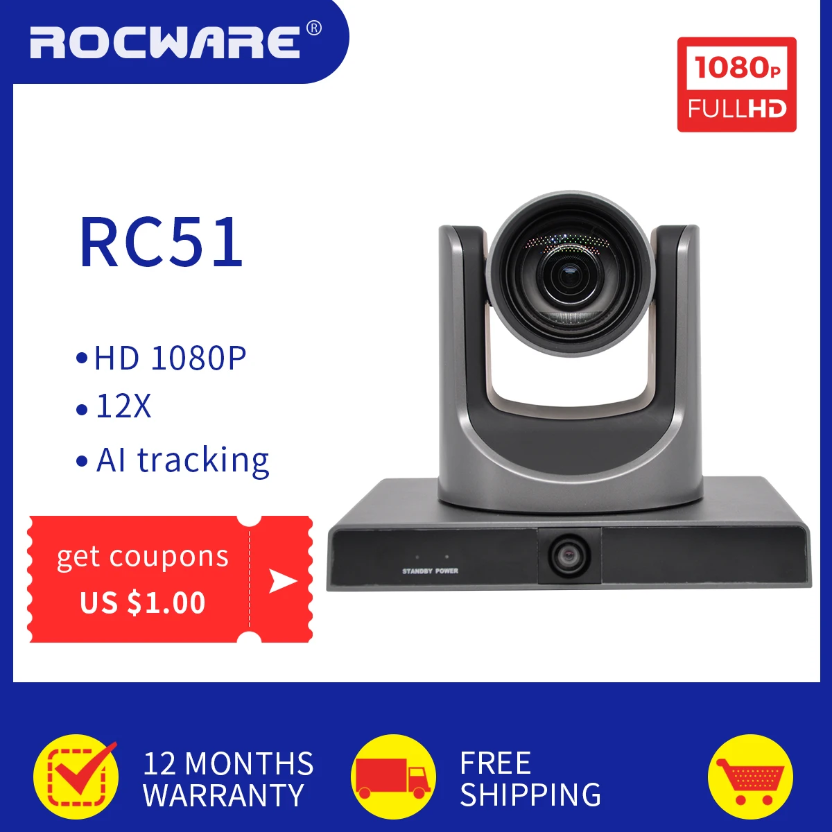 

ROCWARE RC51 Integrated 1080P HD Teaching Tracking Camera Teaching tracking PoE For Metting Telemedicine Remote Teaching