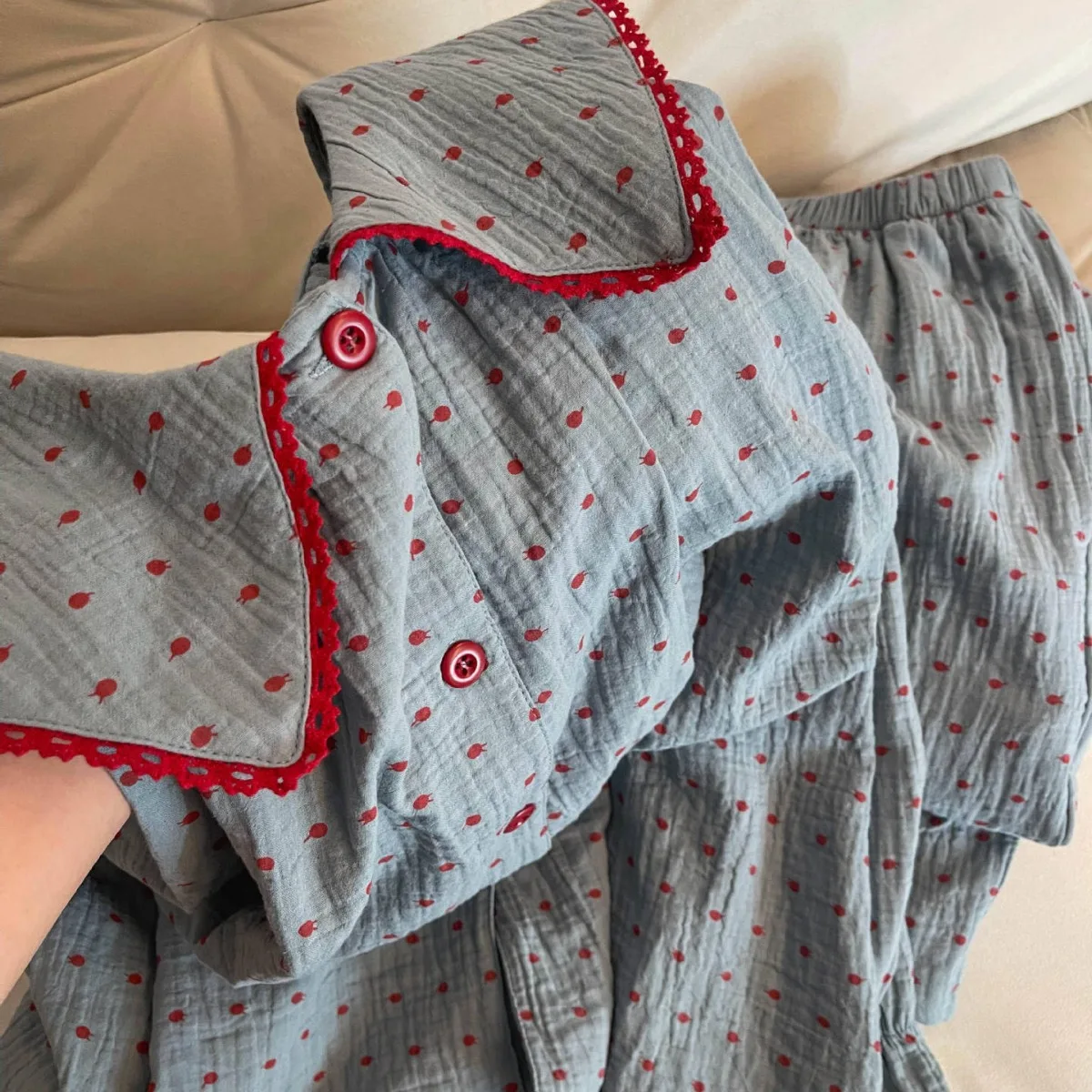 

New Korean Style Cute Polka Dot Baby Doll Collar Pajamas Autumn Cloud Cotton Loose Long Sleeves Student Dormitory Home Wear Set