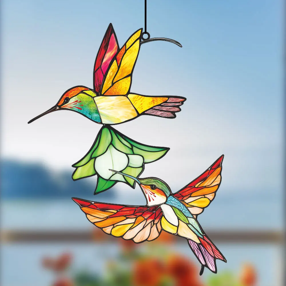 Colored Window Bird Pendant Metal Stained Glass Handicraft Wall Hanging Bird Ornament Garden Balcony Hummingbird Yard Home Decor