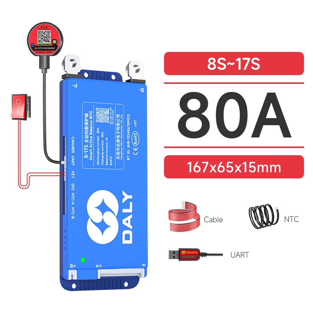 Daly Smart Active BMS 4S LiFePO4 8S 24V 16S 100A 150A 40A 60A 200A 12V 48V LiFePO4 1A Actieve Balancer met UART RS485 wifi-sleutel