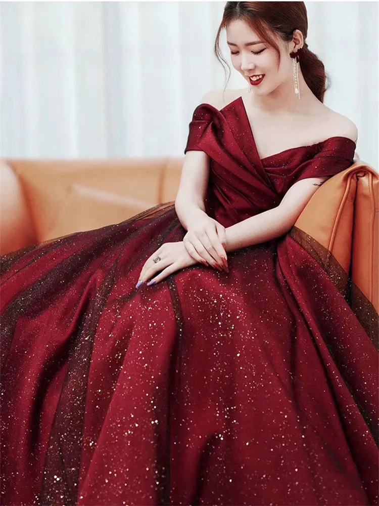 

Elegant Dress for Women Burgundy Splicing Lace Sequin Strapless Long A-line Skirt Solid Color Evening Gown M392