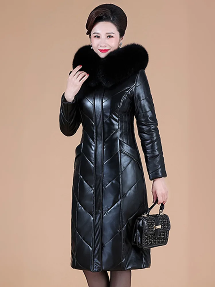 L-8XL Mother Down Leather Coat Women Winter Thicken Warm Hooded Fur Collar Split Sheepskin Overcoat Slim Long Outerwear Female