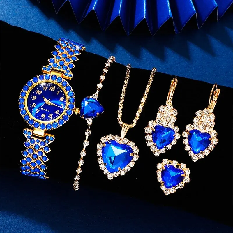 Luxury Watch Women Necklace Earring Blue Rhinestone Fashion Wristwatch Casual Ladies Watches Jewelry Set Relogio Feminino