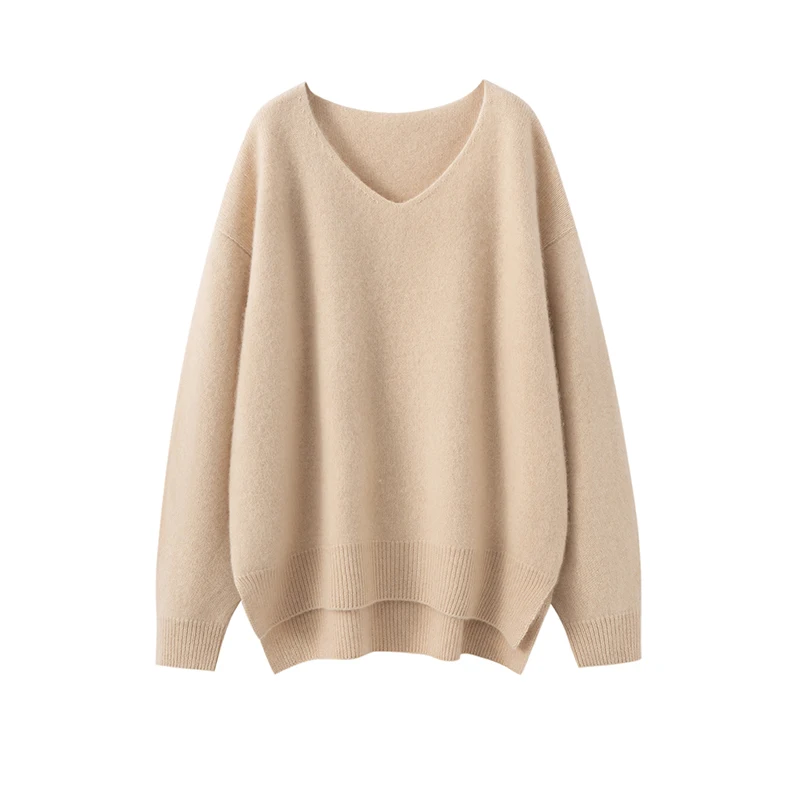 100% Goat Cashmere Sweater Women V-Neck Pullover Autumn Winter Solid Long Sleeve Thick Soft Cashmere Knitted Loose Clothing Top