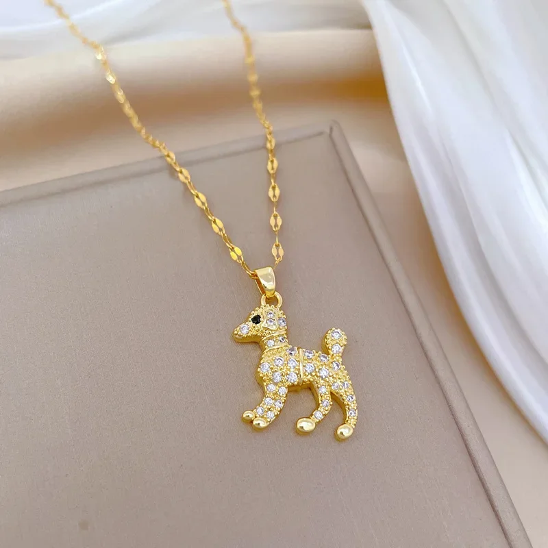 Stainless Steel Chain Classic Shiny Zircon Cute Dog Poodle Pendant Necklace for Women Jewelry Accessories Gifts for Daily Party