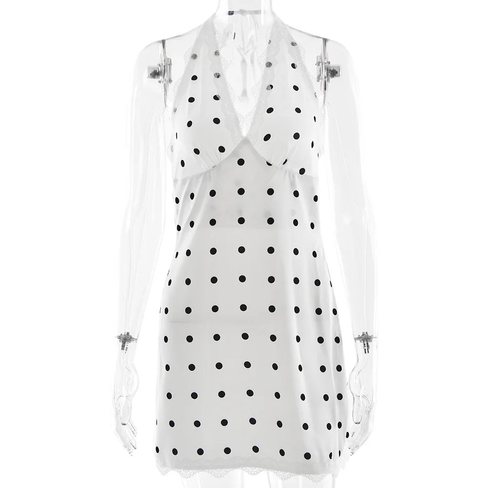 Robe courte moulante en Satin à pois, col licou, dentelle, sans manches, dos nu, nouvelle collection été 2025