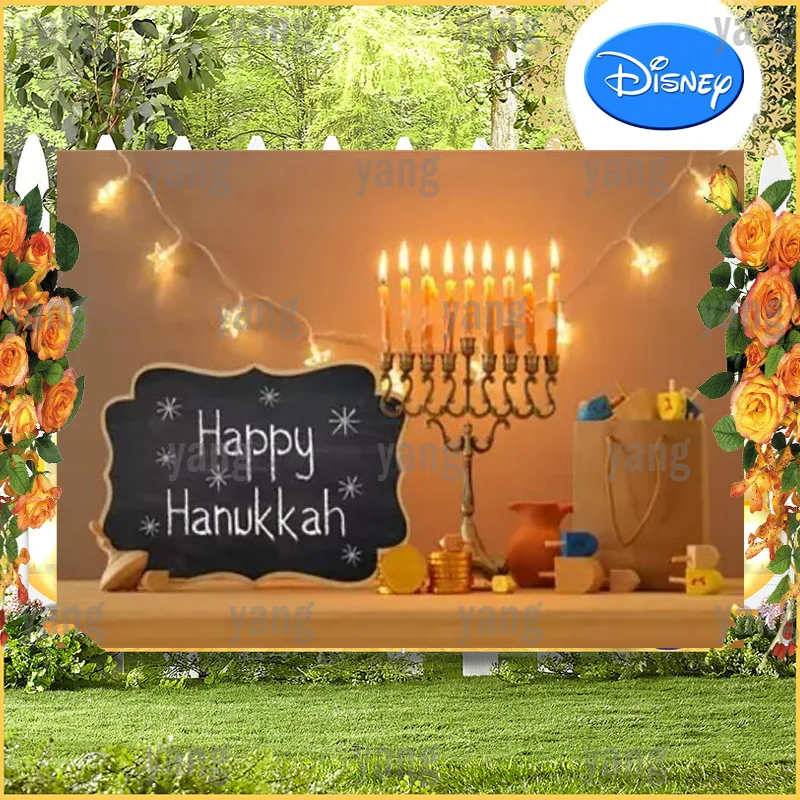 Custom LED Lights Happy Hanukkah Yellow Background  Jewish Party Colorful Candle Cartoon Bedroom Decor Decoration Backdrop Wall