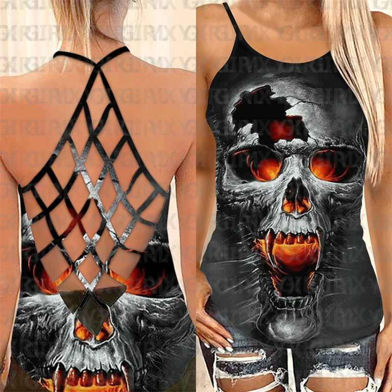 YX GIRL Skull Woman Cross Tank Top 3D Printed Sexy Backless Tops Summer Women Casual Tees Cosplay Clothes