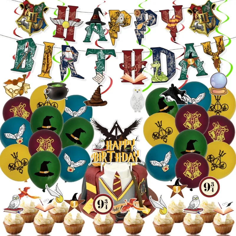 Harry Potter Birthday Party Decoration Banner Balloon Cake Topper Hanging Flag Hot Magic Academy Theme Party Decoration Set